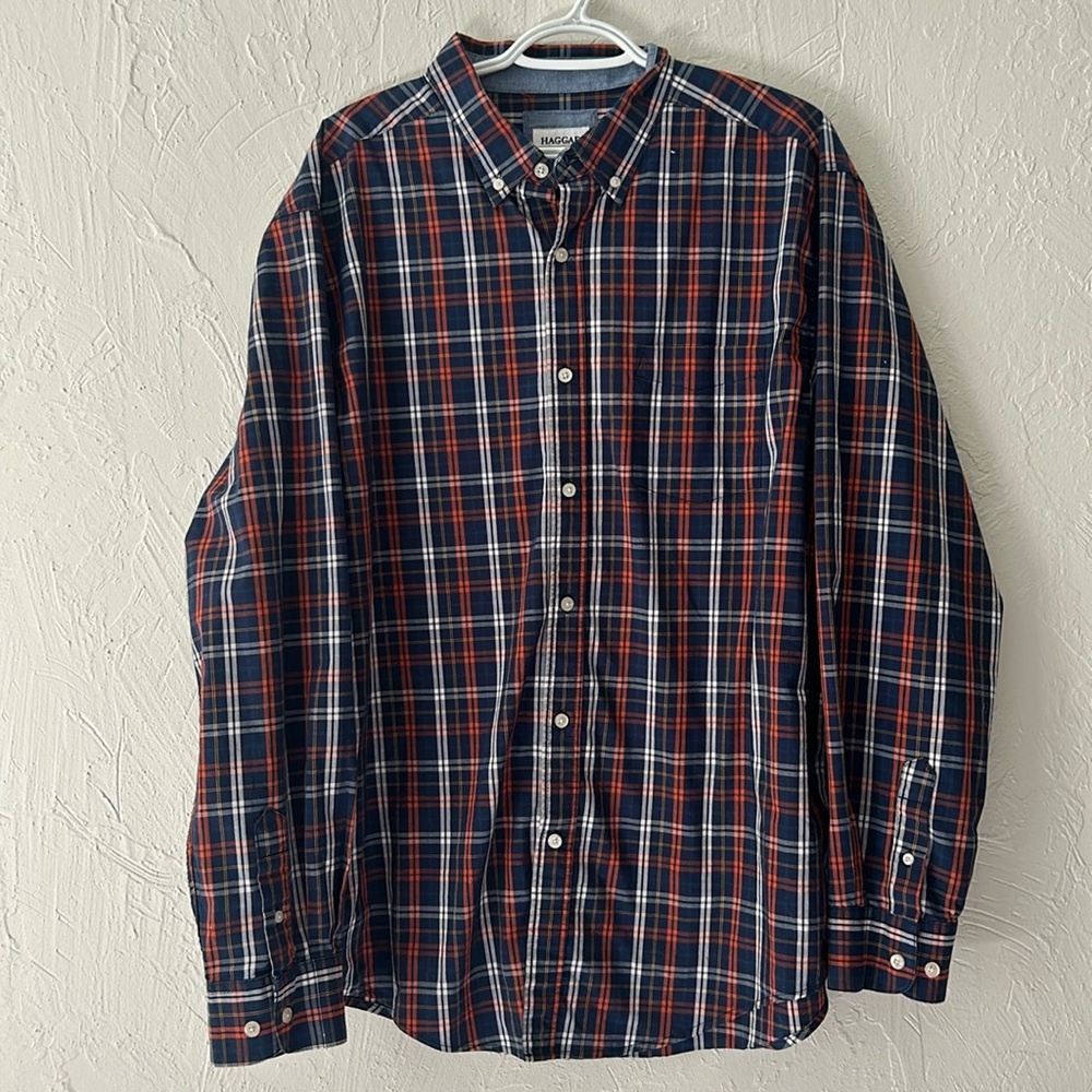 Collared blue/orange/white plaid button down shirt